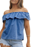 Off-the-shoulder Ruffled Denim Top