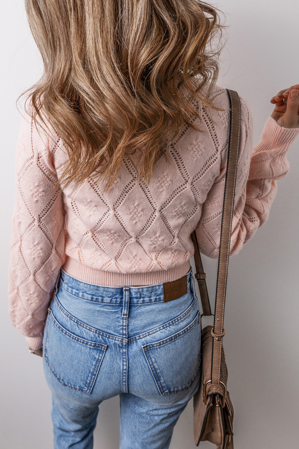 Gossamer Pink Openwork Plaid Puff Sleeve Cropped Sweater