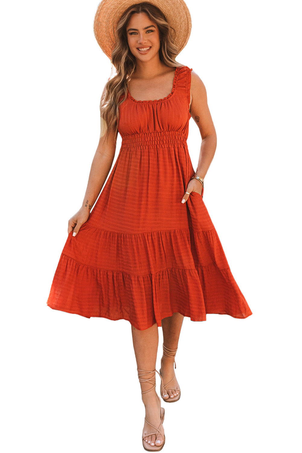 U-Neck Sleeveless Ruched Tiered Ruffled Midi Dress