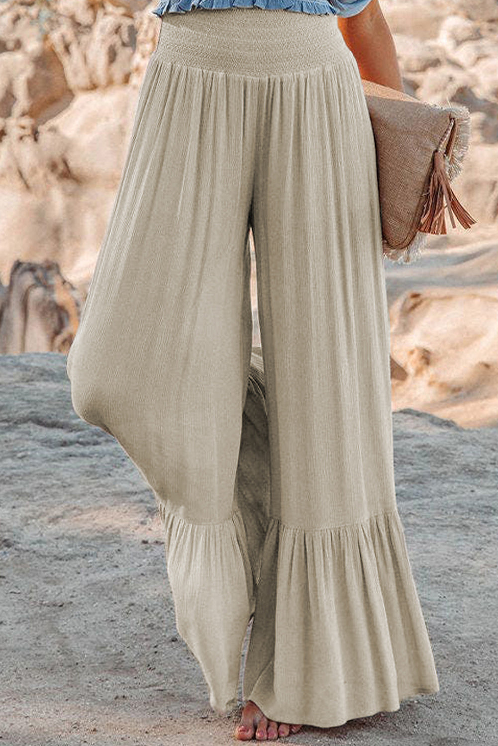 Smocked High Waist Ruffled Wide Leg Pants