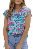 Blouse florale plissée à manches flottantes et col en V bleu ciel