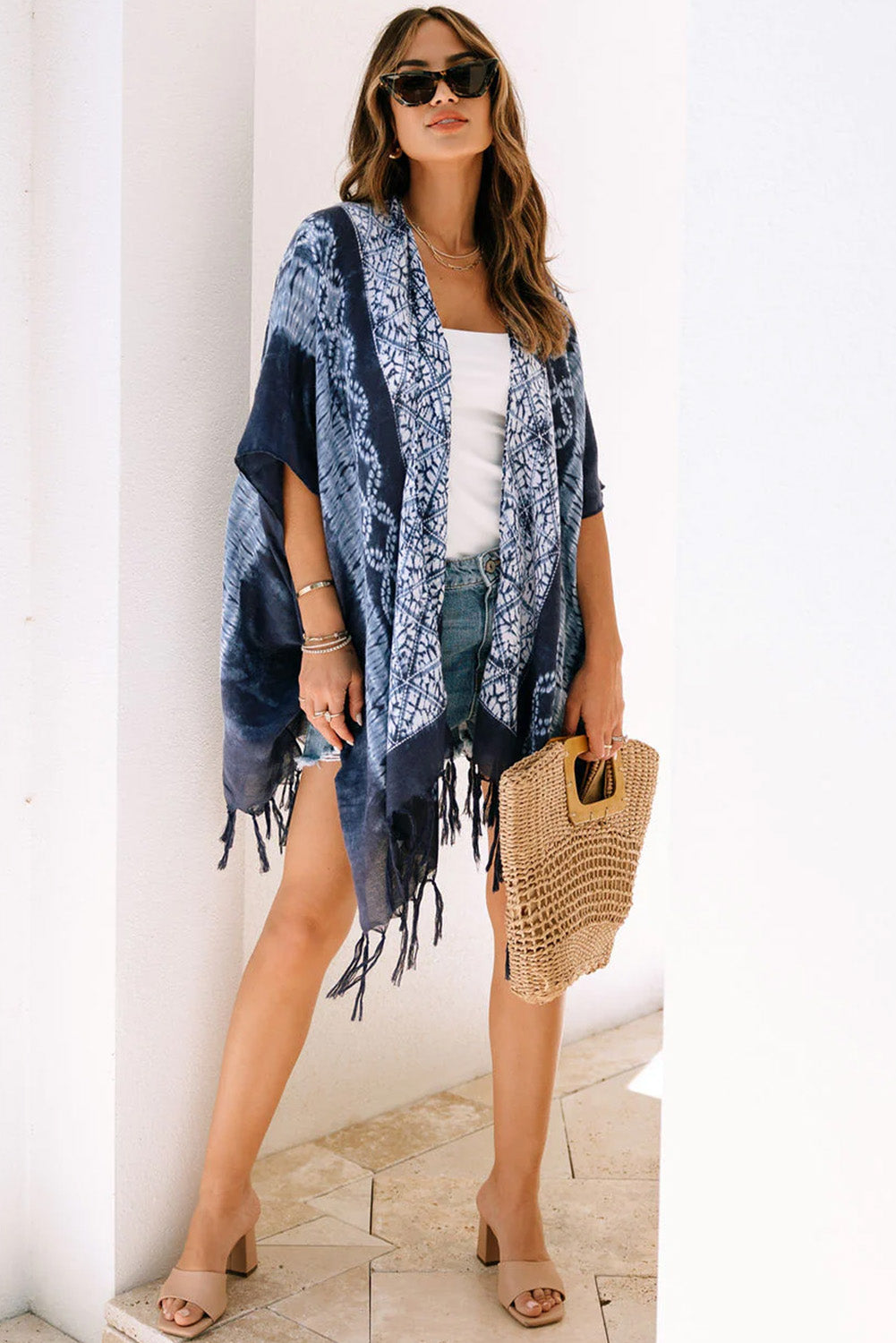 Tie Dye Short Sleeves Tassels Kimono