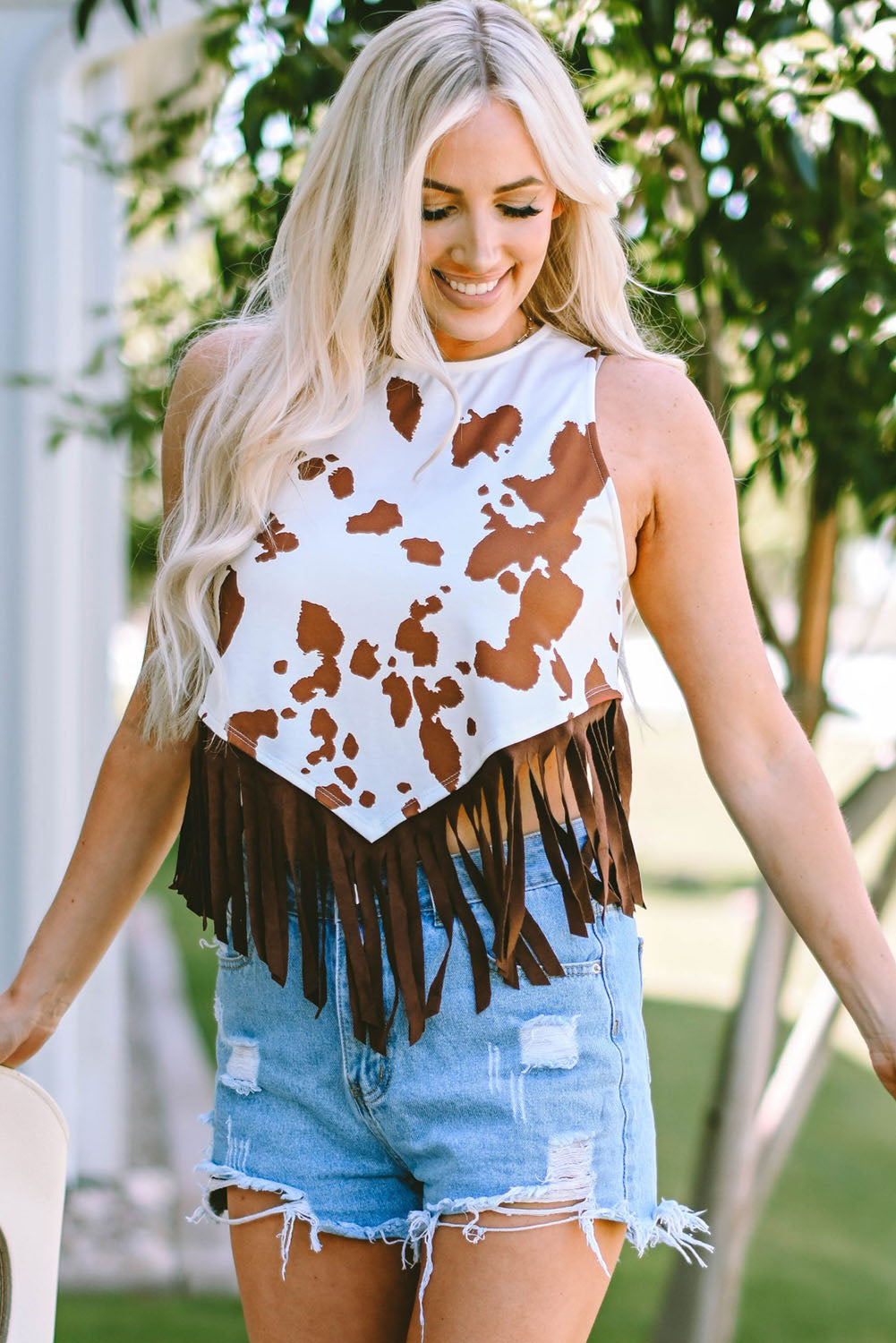 Cow Printed Fringe Hem Tank Top