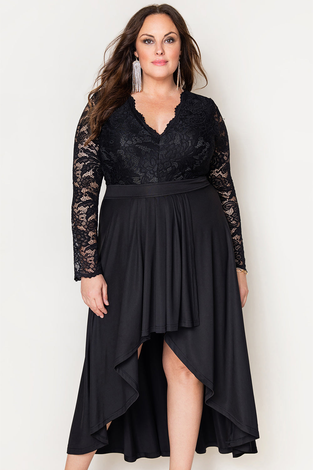 Plus Size High-Low Lace Contrast Evening Dress