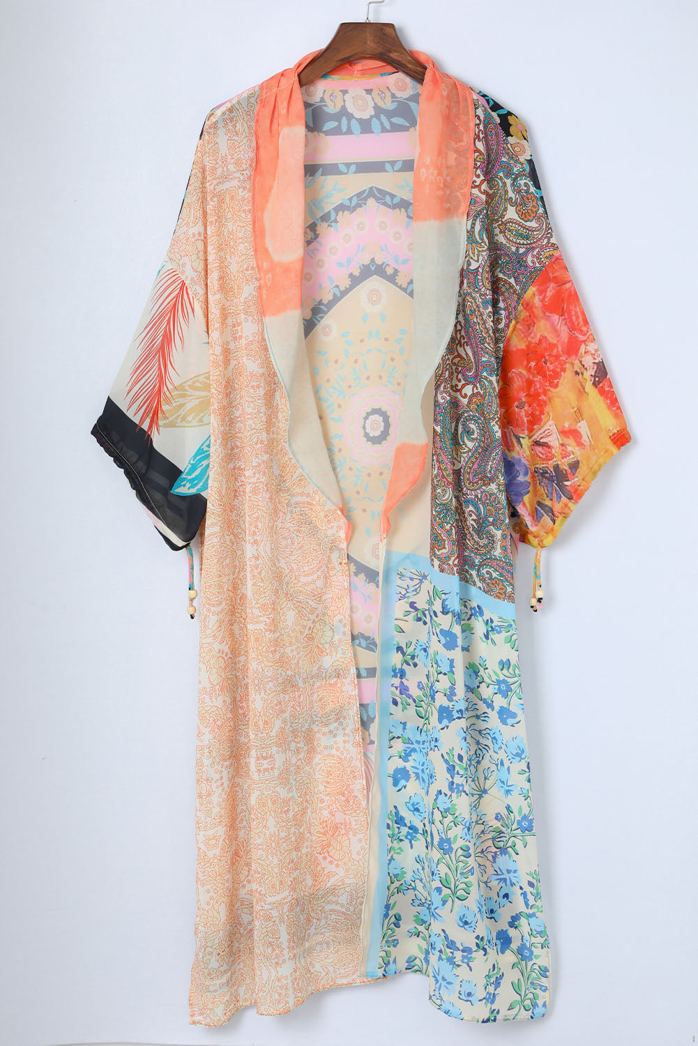 Bohemian Patchwork Print Drawstring Puff Sleeve Kimono