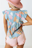 Splotches Pattern Ruffled Cap Sleeve Shift Top