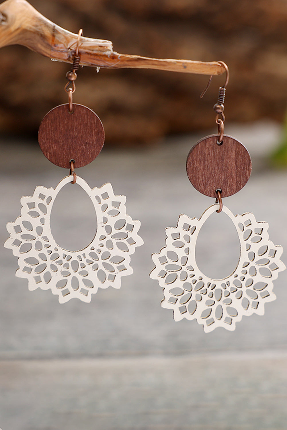 Hollowed Flower Round Wood Pendant Earrings