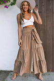 Lace up Smocked Waist Tiered Wide Leg Pants