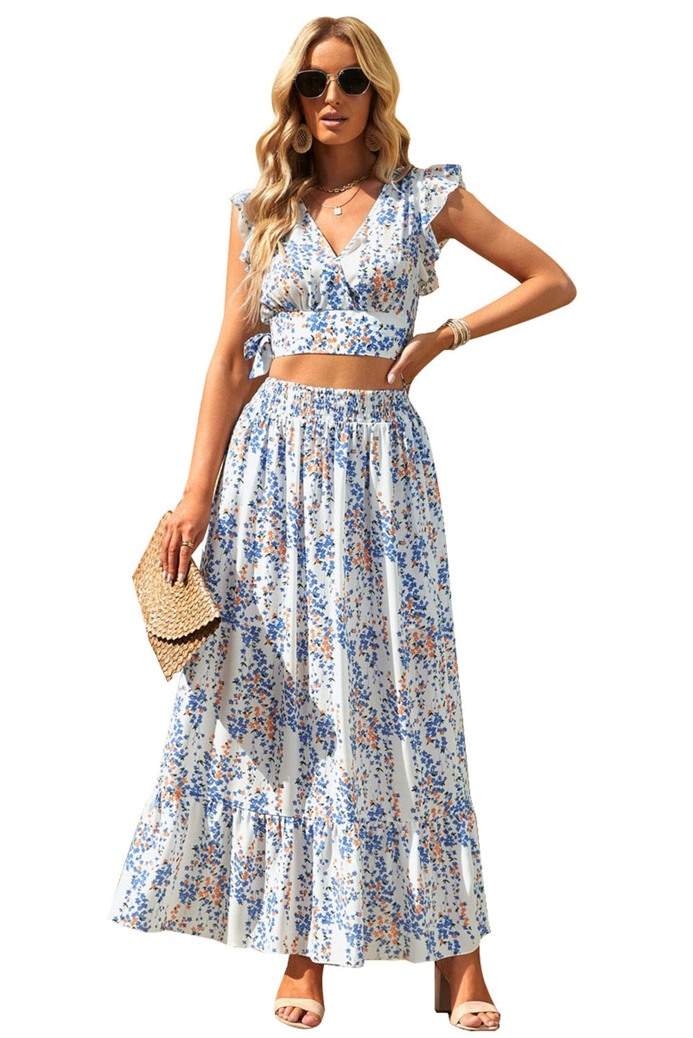 Floral Ruffled Crop Top and Maxi Skirt Set