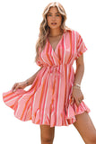 Stripe Print Rolled Short Sleeve V Neck Mini Dress