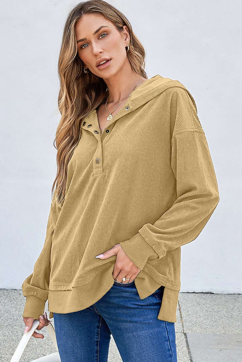 Simply Taupe Solid Ribbed Knit Buttoned Drop Shoulder Oversized Hoodie