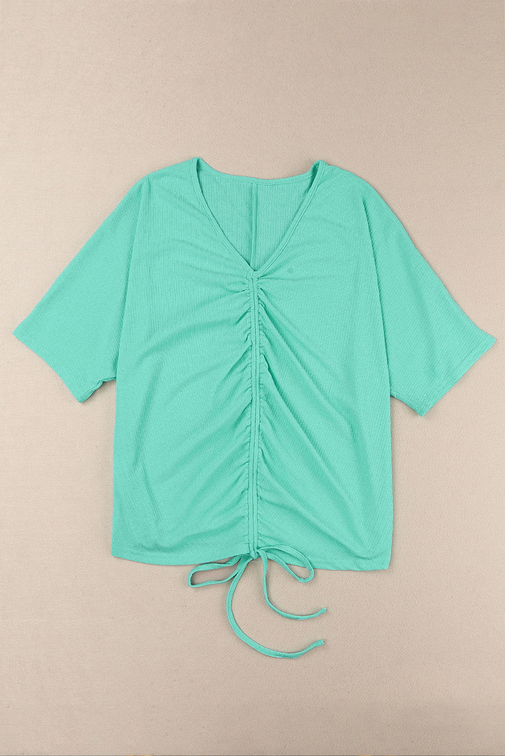 Plus Size Ruched Rib Drawstring V Neck Top