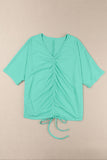 Plus Size Ruched Rib Drawstring V Neck Top