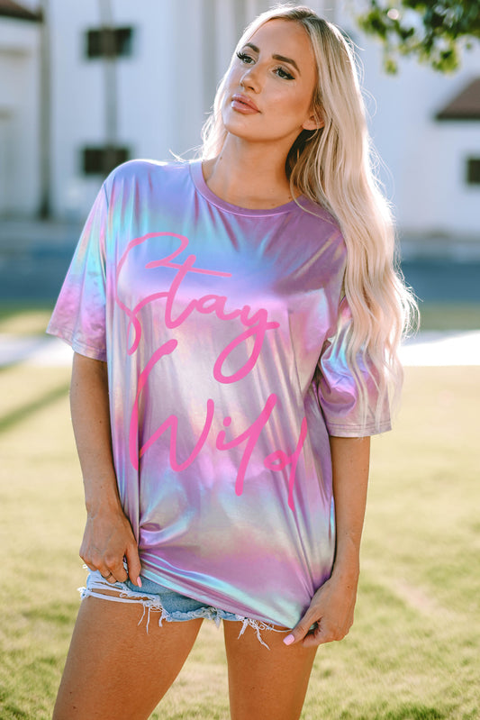 Shiny Iridescent Stay Wild Graphic Oversized Tee