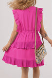 Bright Pink Solid Color Pleated Layered Flutter Mini Dress