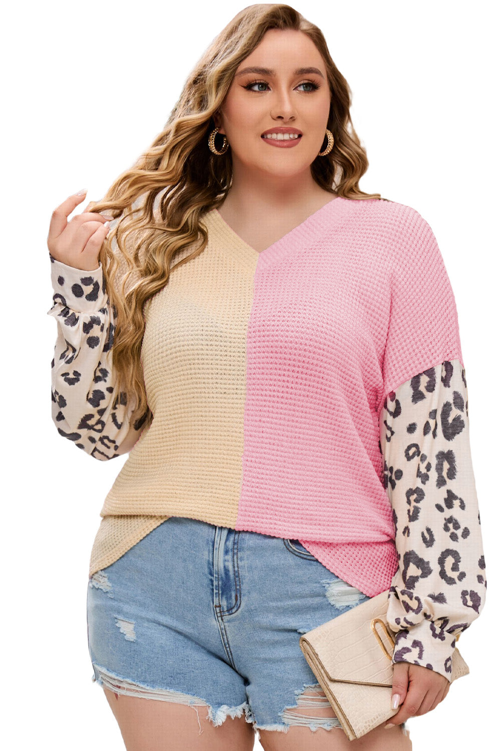 Plus Size Leopard Sleeve Color Block Waffle Knit Top