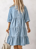 Ruffled Denim Full Buttoned Midi Dress