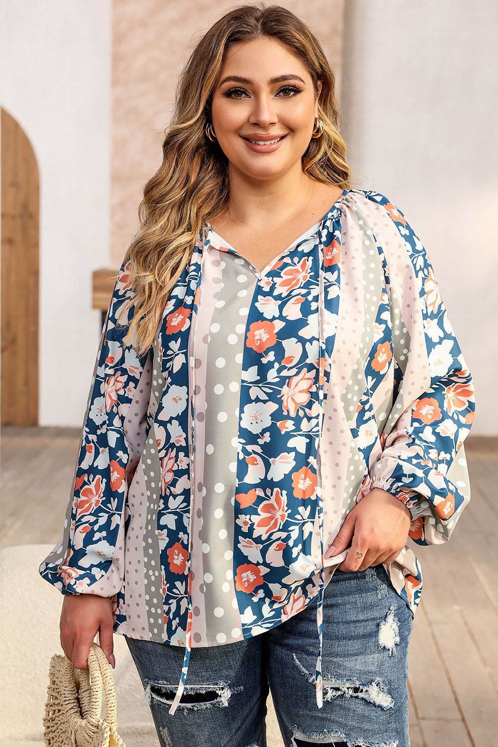 Plus Size Mixed Print Split Neck Blouse