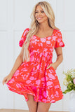 Red Floral Bubble Sleeve Sweetheart Neck Ruffled Mini Dress