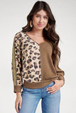 Leopard Splicing Waffle Knit V Neck Top