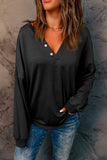 Black Buttoned V Neck Cotton Loose Fit Top