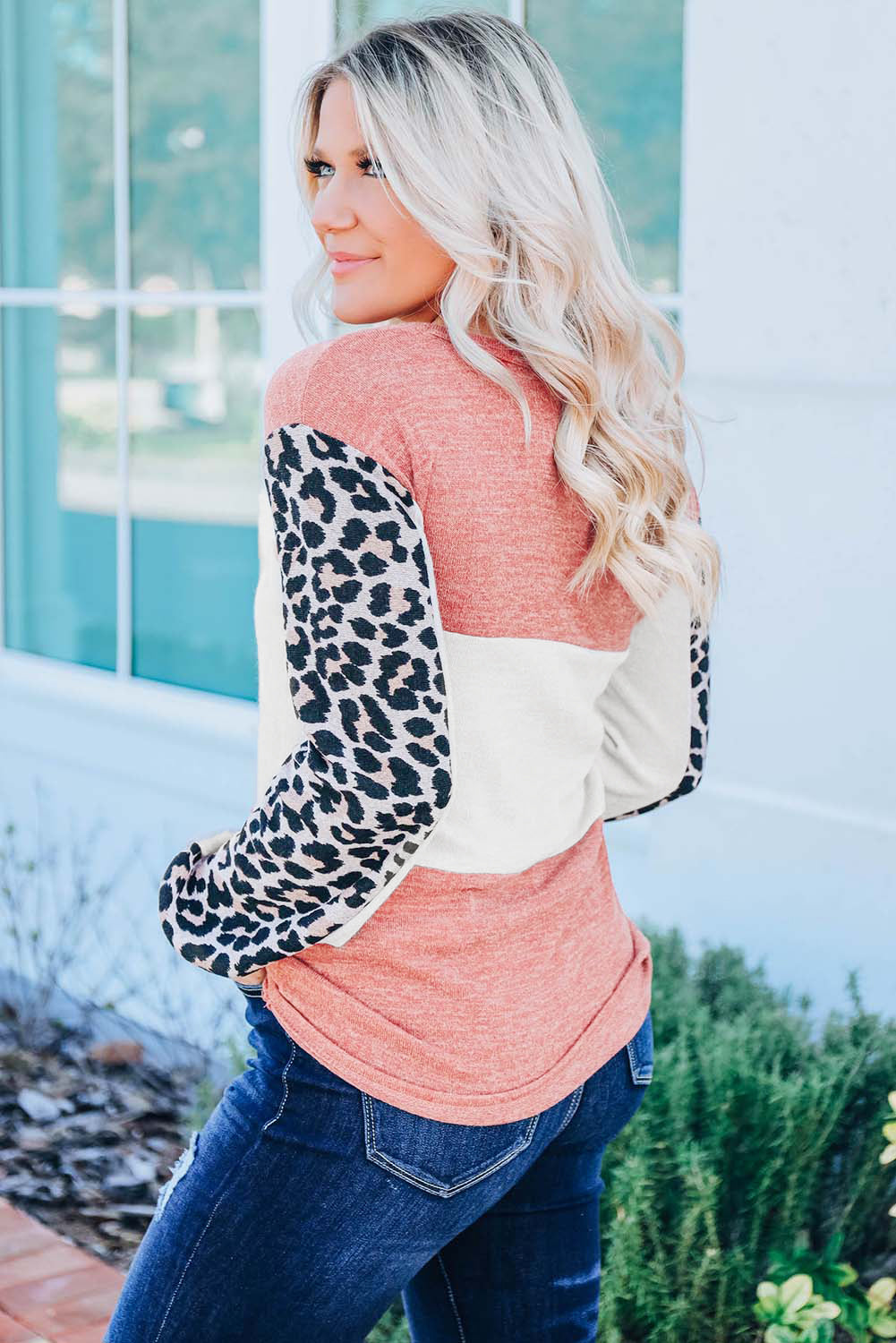 Leopard Color Block Knitted Long Sleeve Top