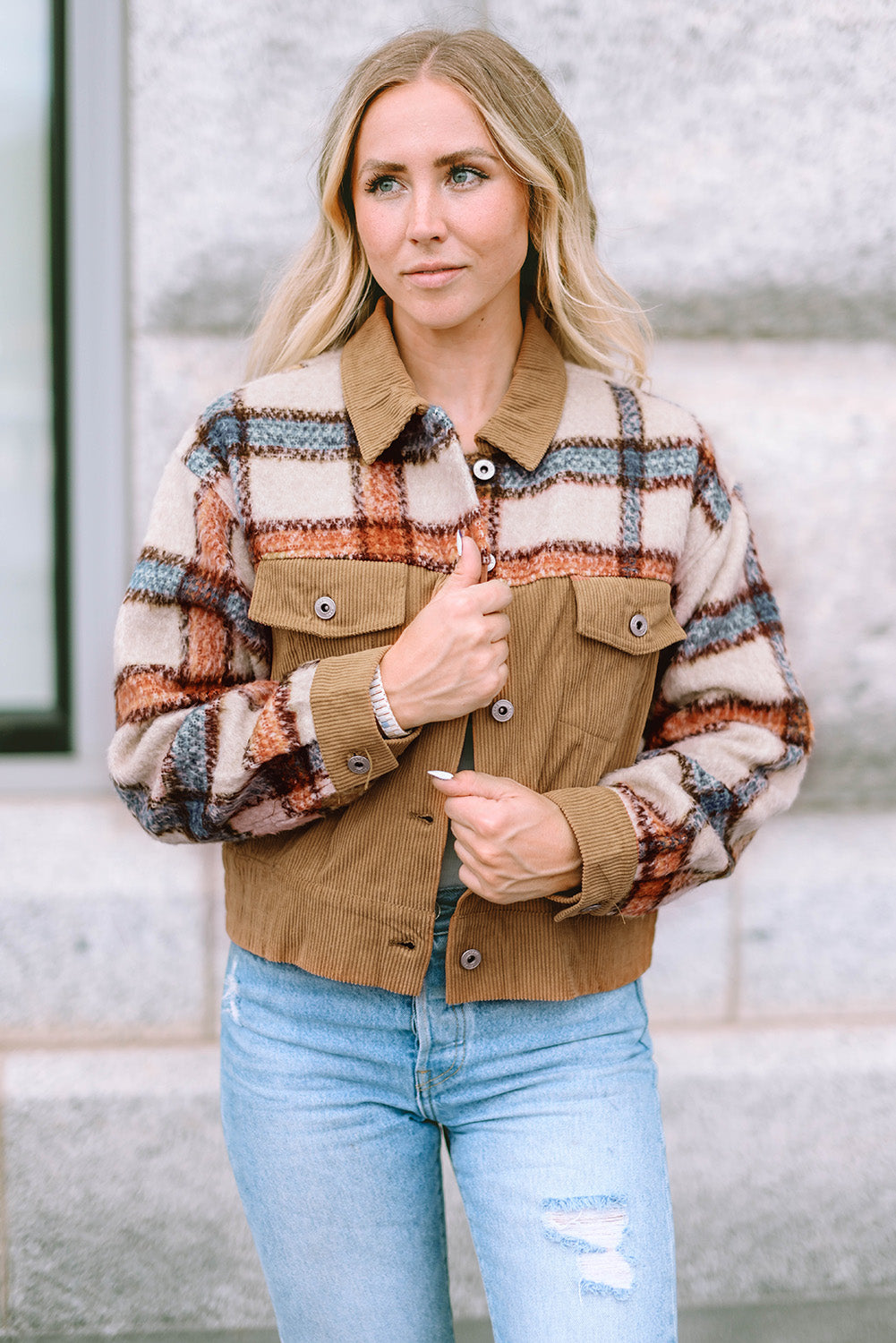 Khaki Plaid Corduroy Flap Pockets Boxy Chunky Jacket