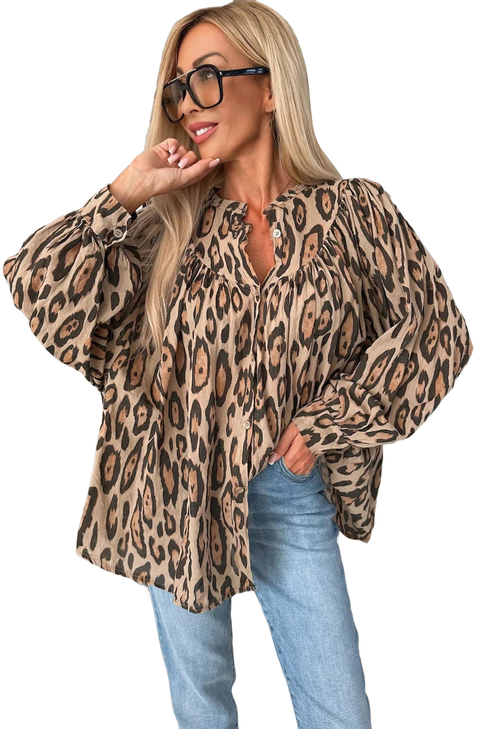 Jet Stream Oversized Leopard Print Balloon Sleeve Casual Shirt