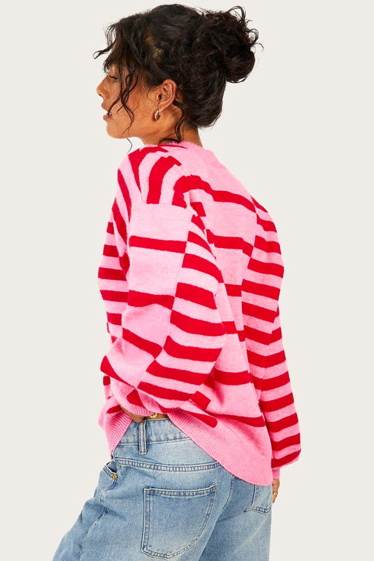 Pink Stripe Bubble Sleeve Drop Shoulder Ribbed Trim Sweater