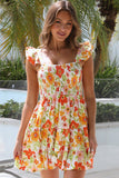 Ruffled Shirred Sleeveless High Rise Floral Mini Dress