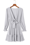 Deep V Neck Lantern Sleeve Knotted Tiered Mini Dress