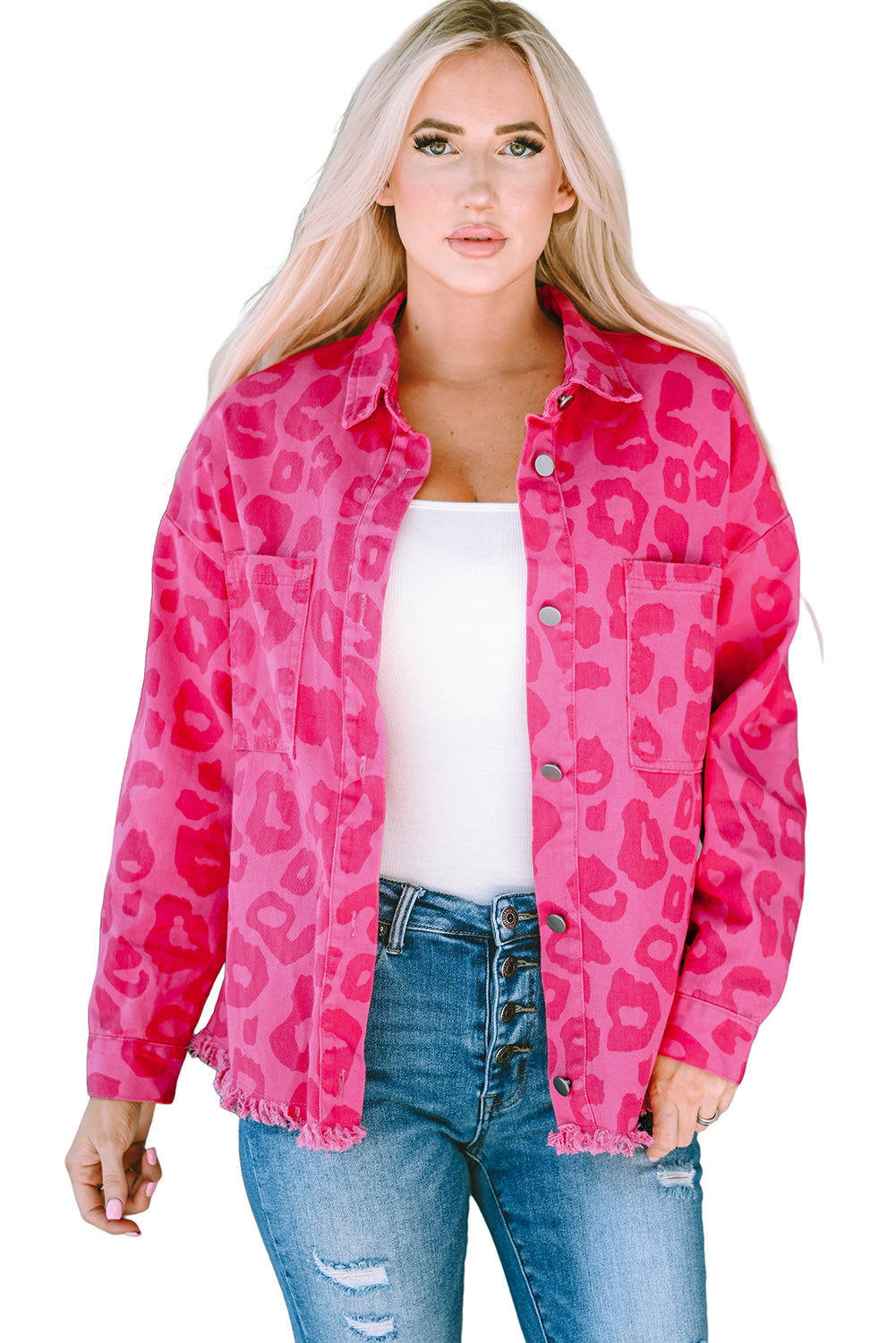 Plus Size Leopard Print Button Cuffs Raw Hem Jacket