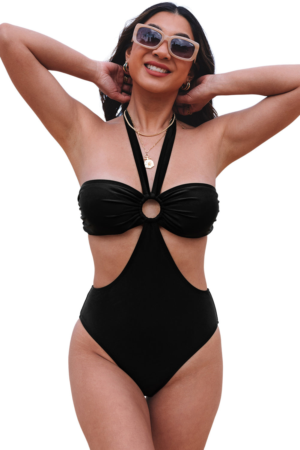 Halter O-ring Ruched Bust One Piece Swimsuit