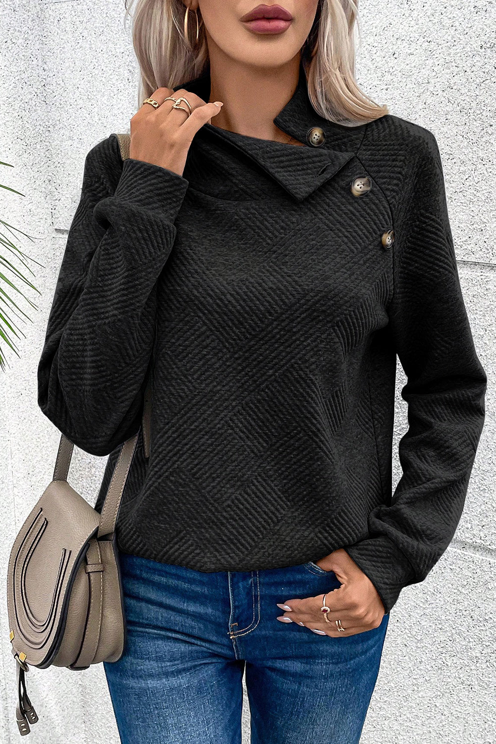 Apricot Asymmetric Buttons Detail High Neck Textured Sweatshirt