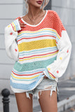 Multicolor Hollow Striped Knit Contrast Sleeve Sweater