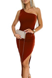 Classy & Chic One Shoulder Bodycon Cognac Dress