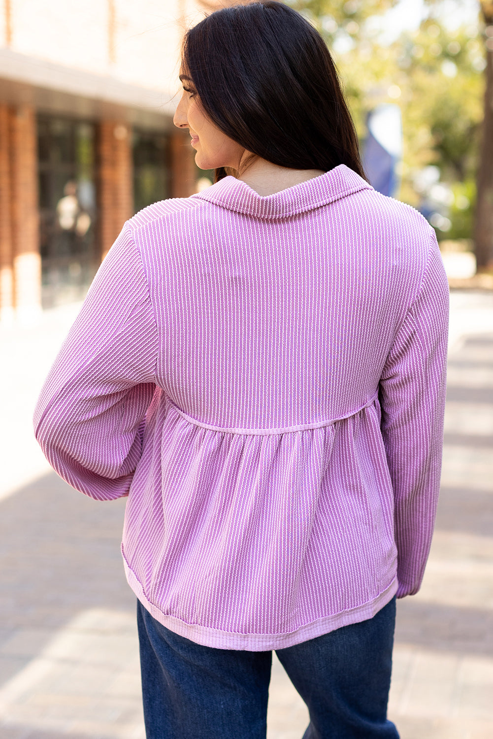 Bright Pink Corded Turn-down V Neck Bubble Sleeve Babydoll Blouse