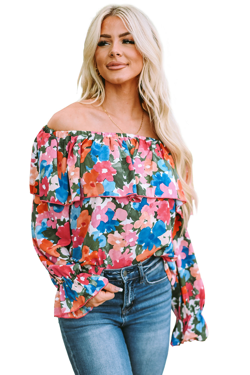 Blouse à épaules dénudées et à volants imprimé floral