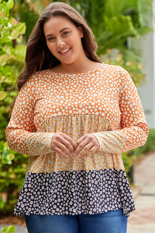 Haut Fluide à Manches Longues Blooming Daisy Colorblock Orange Grande Taille