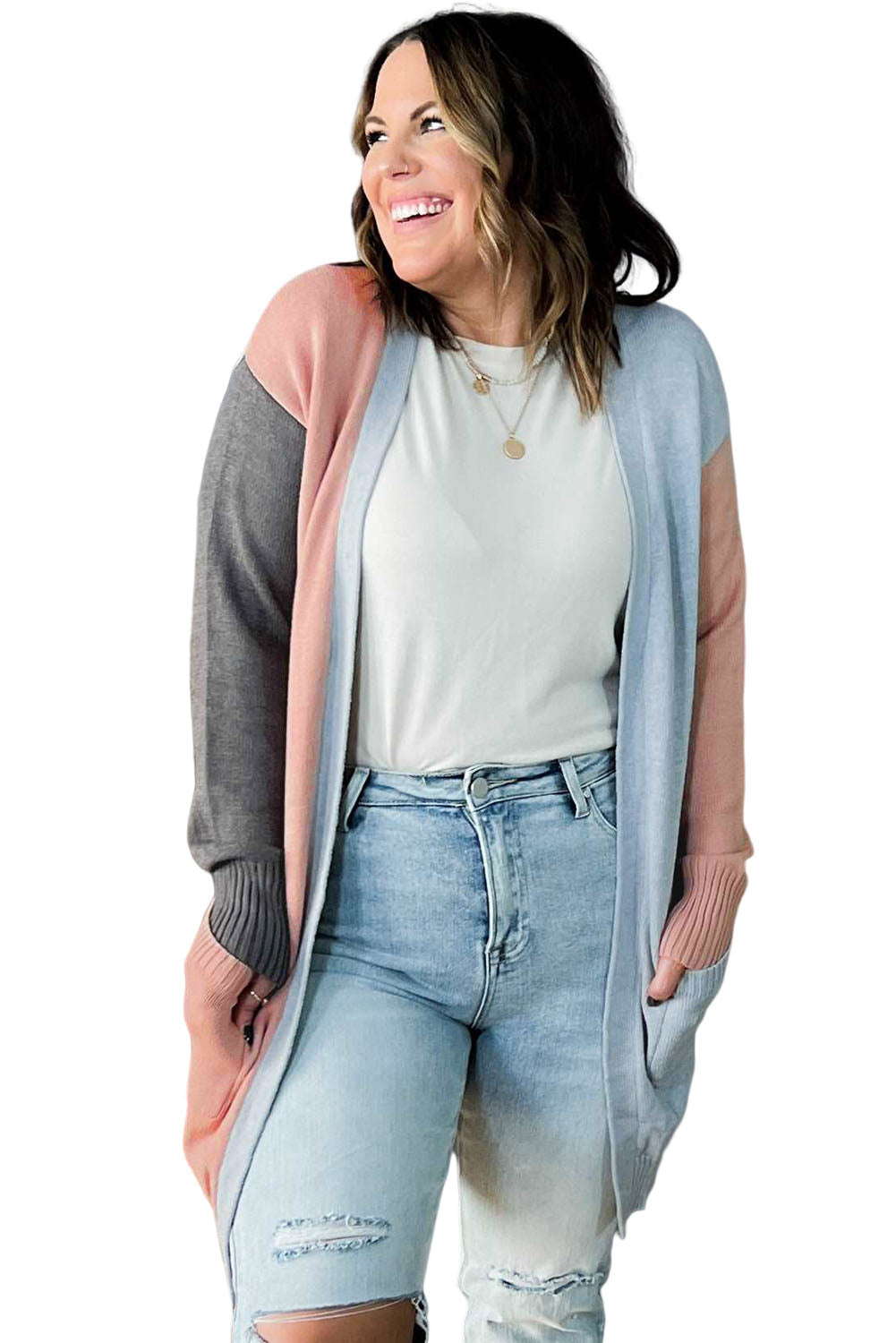 Plus Size Colorblock Pocketed Open Front Cardigan