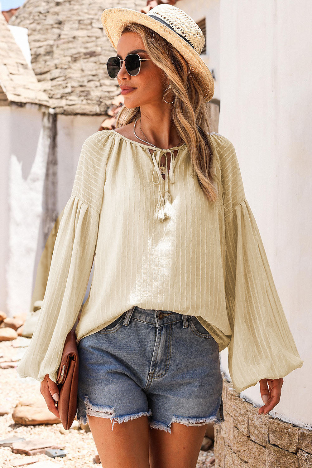 Blue Lantern Sleeve Stripe Tassel Drawstring Blouse