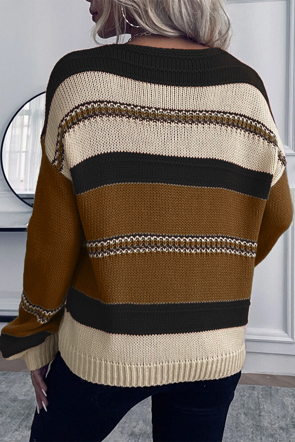 Striped Pattern Knit V Neck Sweater