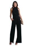 Button Halter Neck Keyhole Back Ribbed Jumpsuit