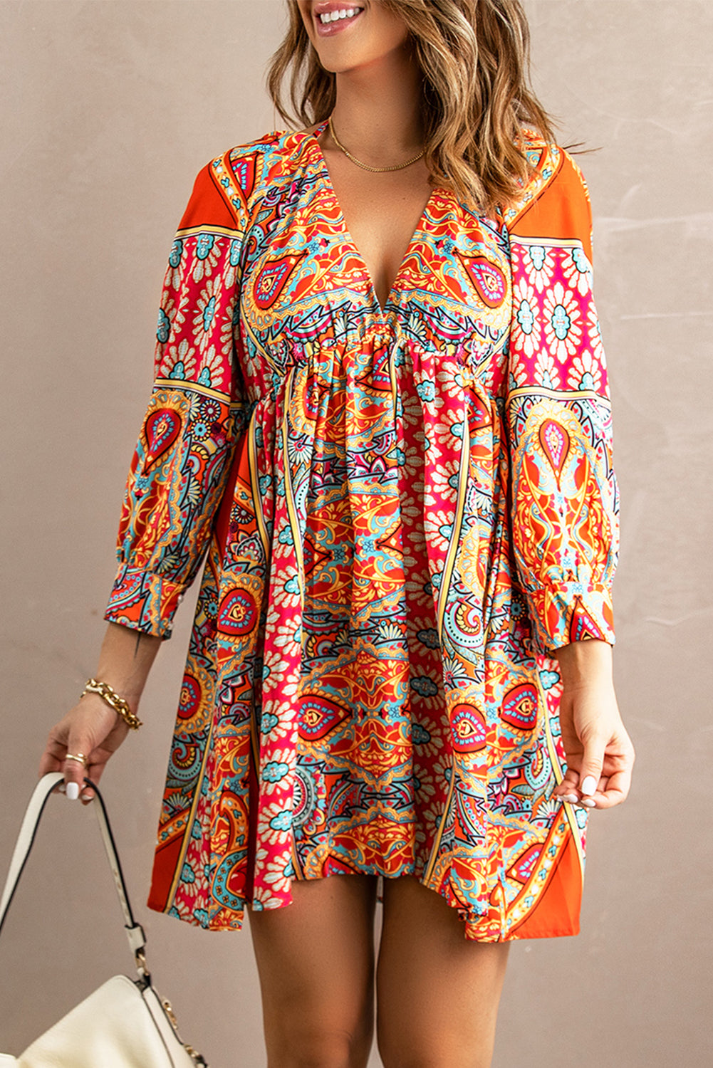 Multicolour V Neck 3/4 Sleeve Bohemian Vintage Print Mini Dress