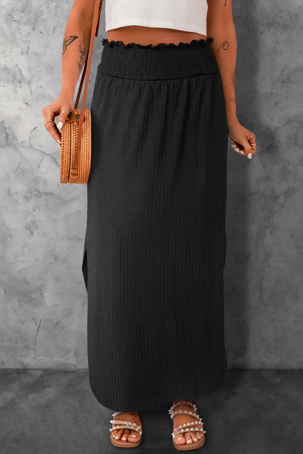 Smocked High Waist Maxi Skirt with Slit