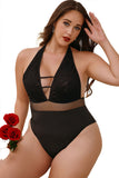 Lingerie Teddy noire grande taille en dentelle florale en maille à pois