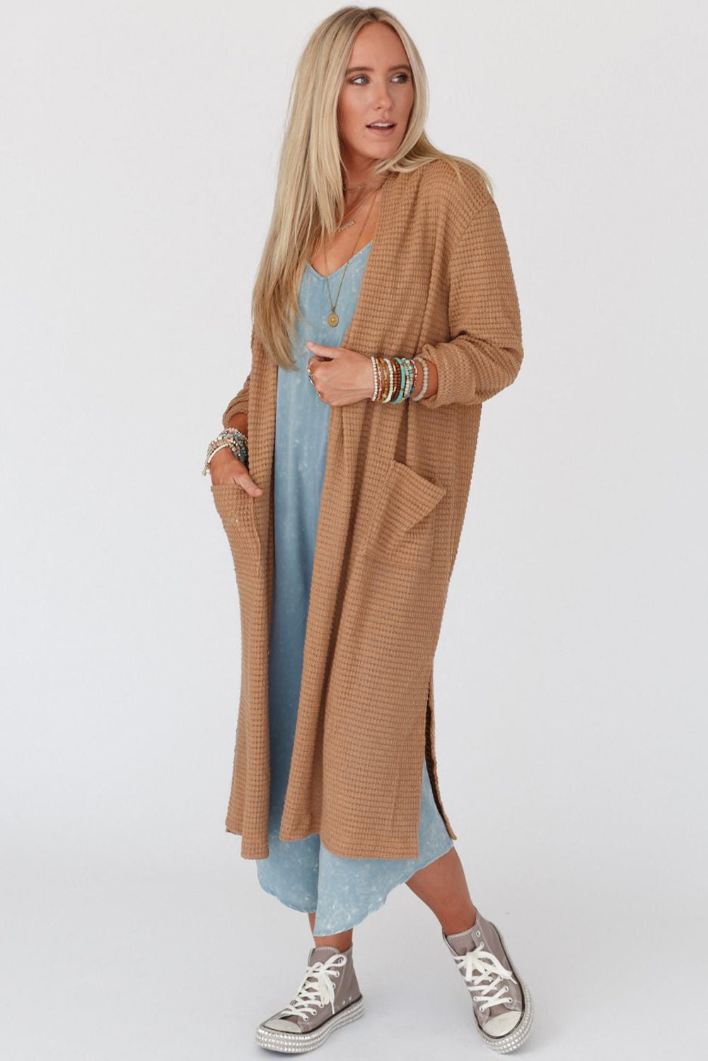 Long Waffle Knit Cardigan with Pockets