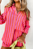 Striped Print Collared Neck Shirt and Shorts Set