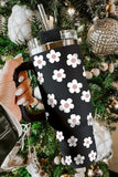 Floret Print Stainless Tumbler With Lid And Straw