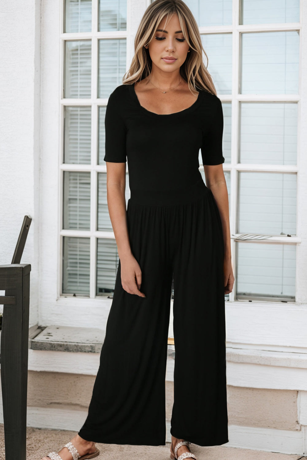 Short Sleeve Bodice Flowy Wide Leg Jumpsuit